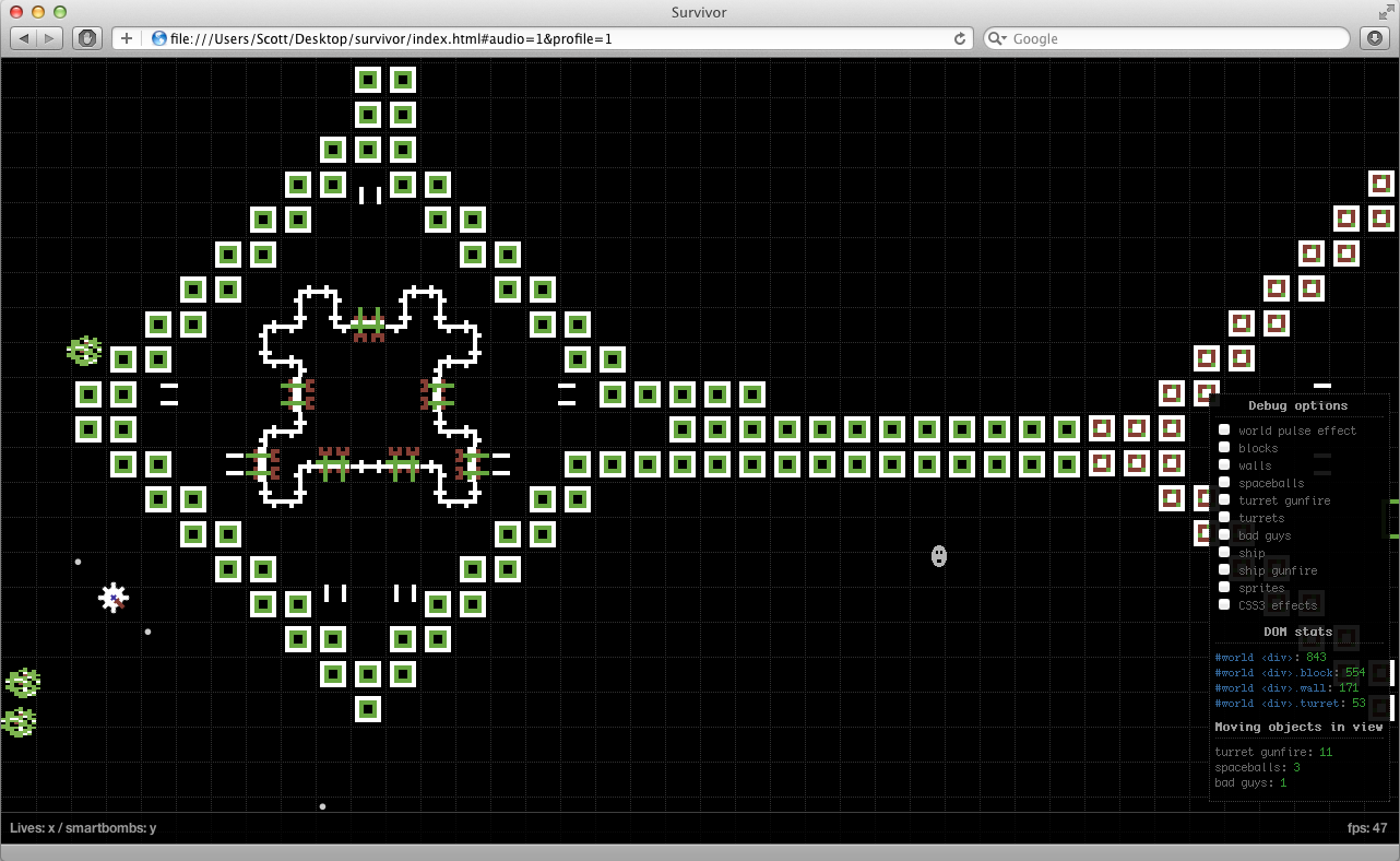 Survivor prototype: Performance profiling / debugging mode (~47 fps, Safari 5 + Firefox)