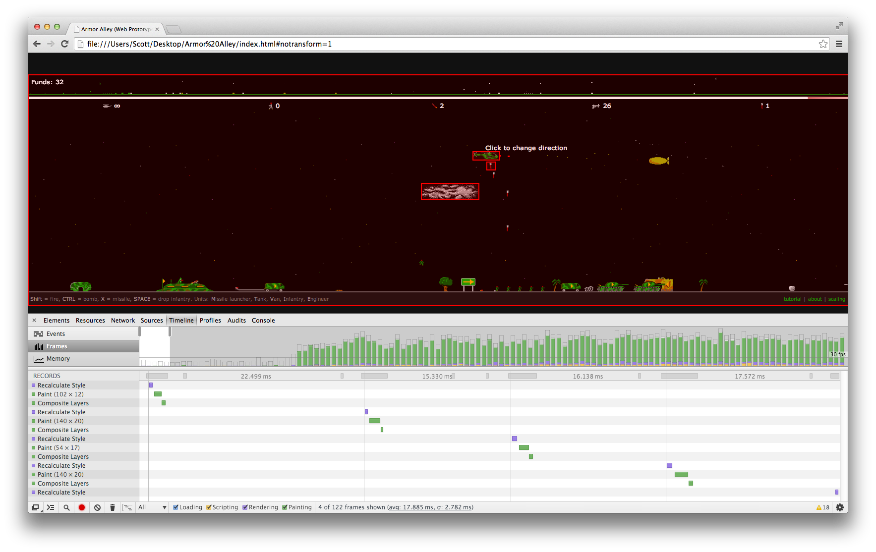 Armor Alley: Web Prototype: Traditional style.left/top-based animation (no GPU acceleration)