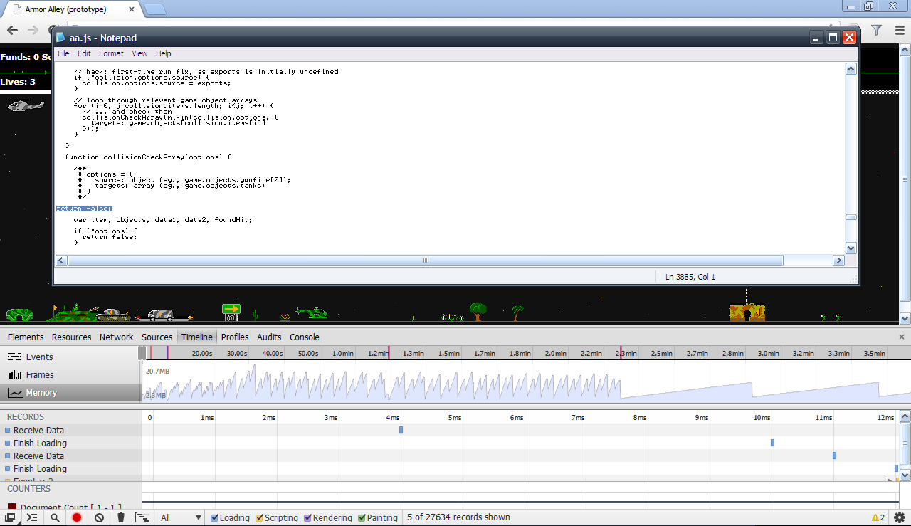 Armor Alley: Web Prototype: RAM allocation in hot loop (Chrome DevTools)