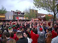 A crowd on 17th Avenue minutes after the Flames beat Tampa Bay in Game three of the Finals. The score: 3-0.