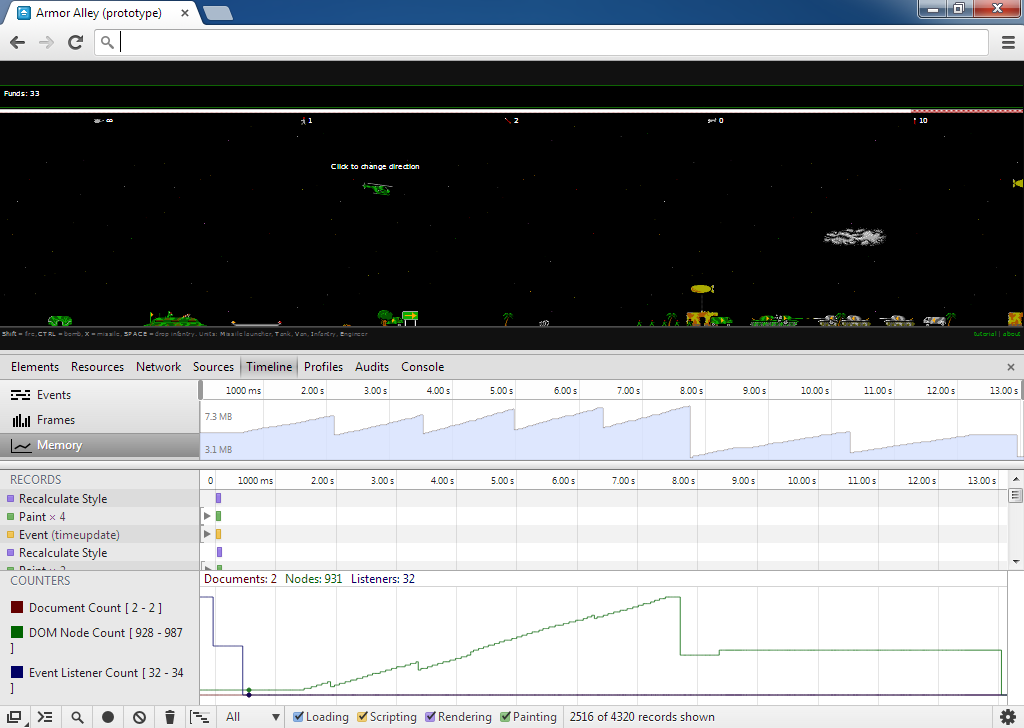 Armor Alley: Web Prototype: Memory / DOM Node Count view (Chrome DevTools) - allocation and freeing of memory + nodes